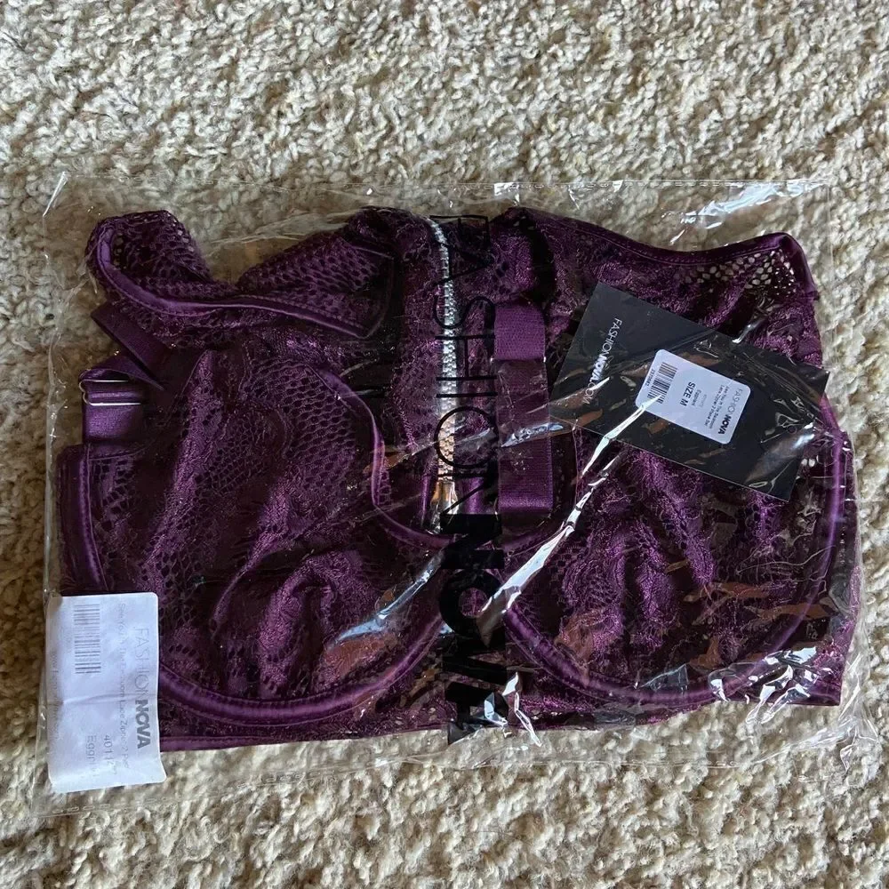 NWT Fashion Nova See You In The Bedroom Lace Zipper 2 Piece Set - Eggplant